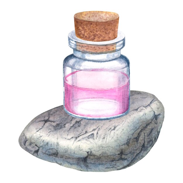 Botella de vidrio de agua de rosas con tapón de madera sobre la piedra Ilustración de acuarela dibujada a mano