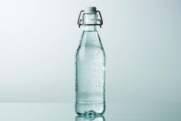 Botella de vidrio de agua tranquila y clara saludable sobre un fondo blanco con reflejo
