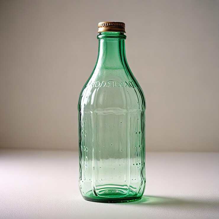 Botella de vidrio aislada sobre un fondo blanco.