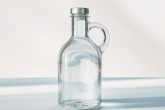 una botella de vidrio con asa sobre una mesa