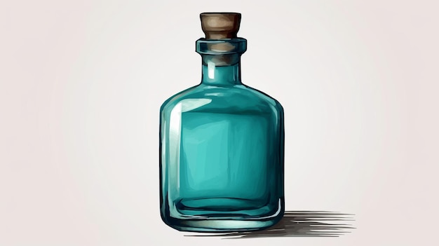 Botella de vidrio azul aislada con ilustraciones clásicas de bodegones de madera