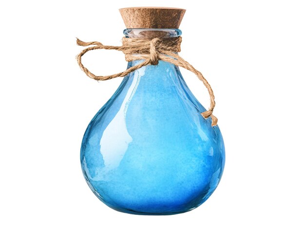 una botella de vidrio azul con un corcho
