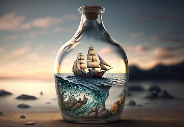 Botella de vidrio con barco dentro Ai