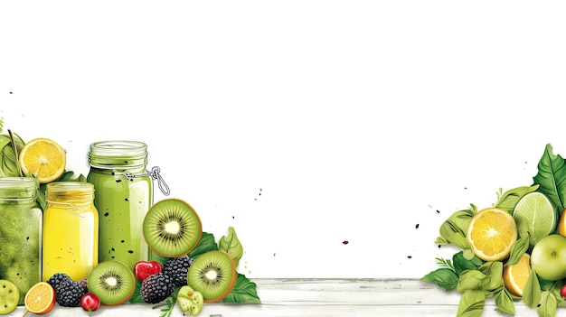 Botella de vidrio con batido verde, hojas de col rizada, limón, manzana, kiwi, uvas, plátano, aguacate, lechuga con espacio para texto