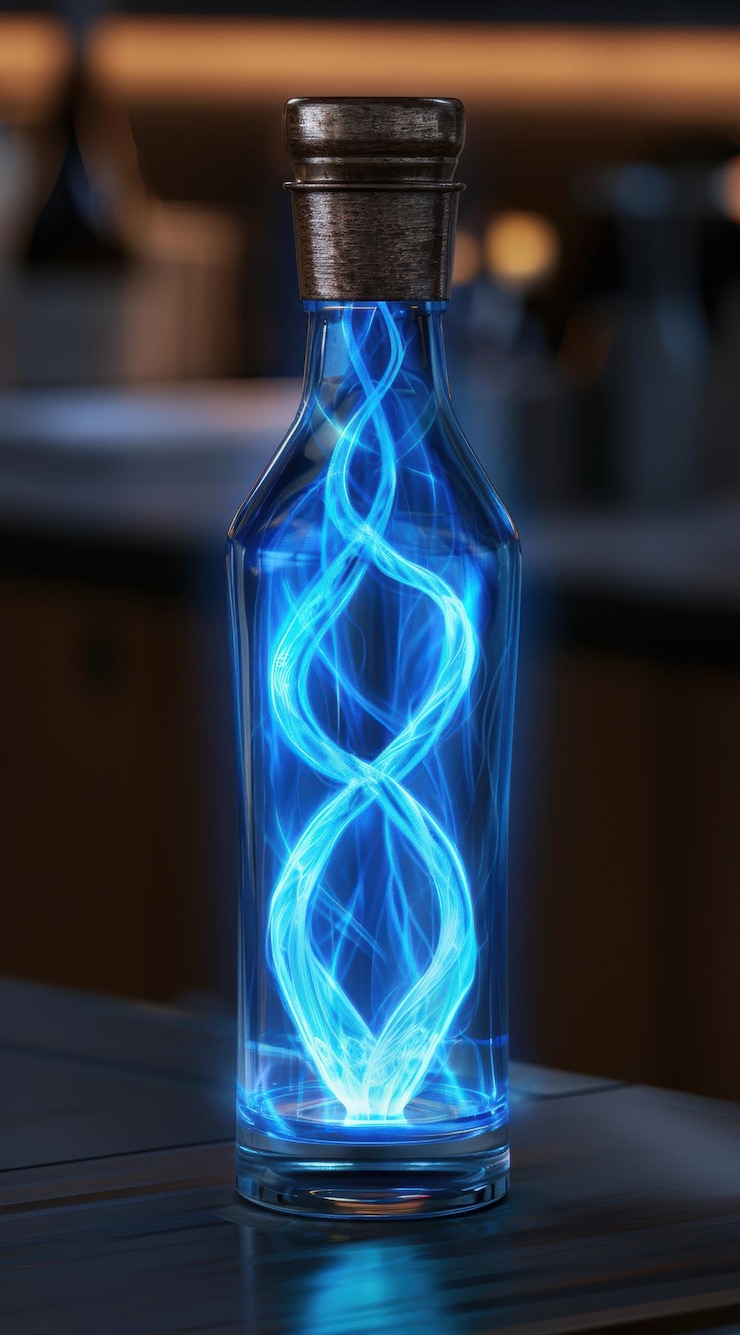 Foto botella de vidrio brillante con energía azul giratoria