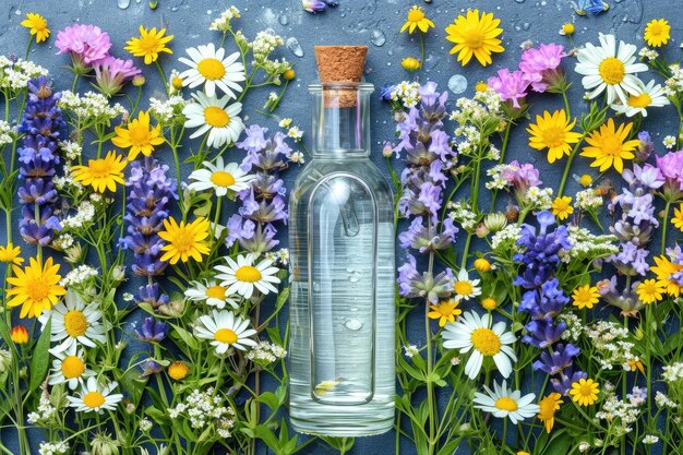 Botella de vidrio con un corcho sobre un fondo de flores de prado Bandera de cosméticos florales