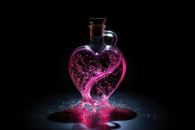 Foto botella de vidrio en forma de corazón llena de líquido rosado girando y desbordando exhibida contra un telón de fondo negro como la poción del amor