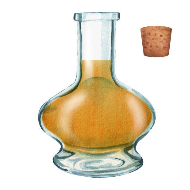 Botella de vidrio de ilustración acuarela dibujada a mano con aceite y tapón de corcho