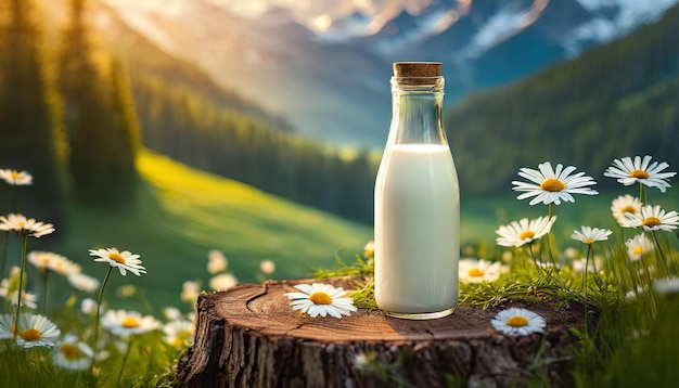 Botella de vidrio de leche fresca en el tronco del árbol hierba verde y margaritas bebida sabrosa y saludable