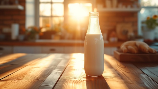 una botella de vidrio de leche en la mesa