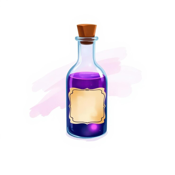 Foto una botella de vidrio llena de líquido púrpura y una etiqueta en blanco sobre un fondo blanco
