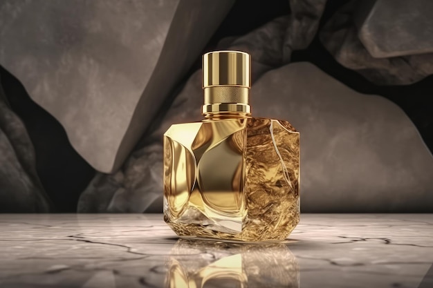 botella de vidrio de maqueta de perfume de oro de lujo genérico en color dorado AI
