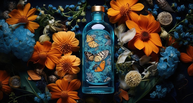Botella de vidrio de naturaleza muerta llena de piedras azules rodeada de flores de naranja y acentos azules contra un fondo oscuro Ideal para fondo o papel tapiz