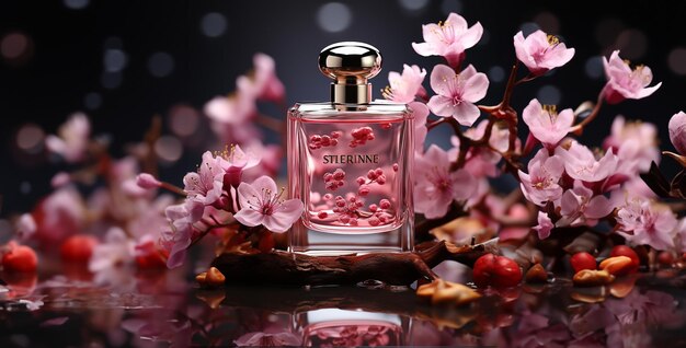 una botella de vidrio para un perfume con una hermosa flor, fondo de pantalla hd