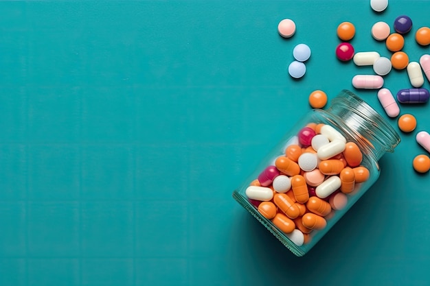 La botella de vidrio de píldoras está rodeada por un montón de píldoras coloridas