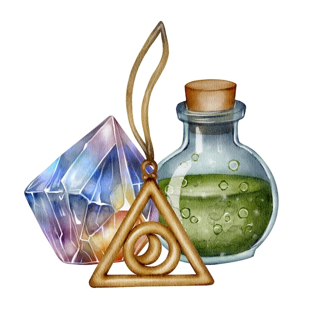 Botella de vidrio con poción verde cristal de colores y símbolo de triángulo alquimista con círculos