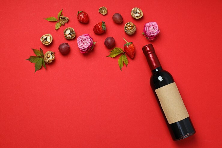Botella de vidrio rosas nueces y bayas sobre fondo rojo espacio para texto