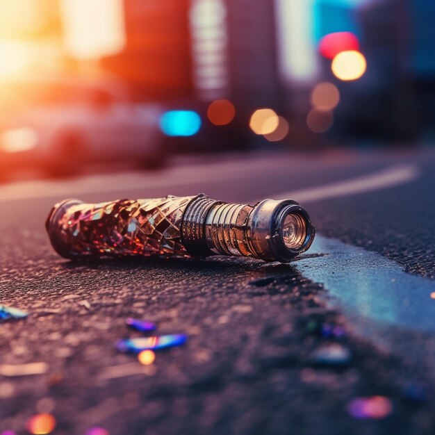 una botella de vidrio en el suelo en la calle.