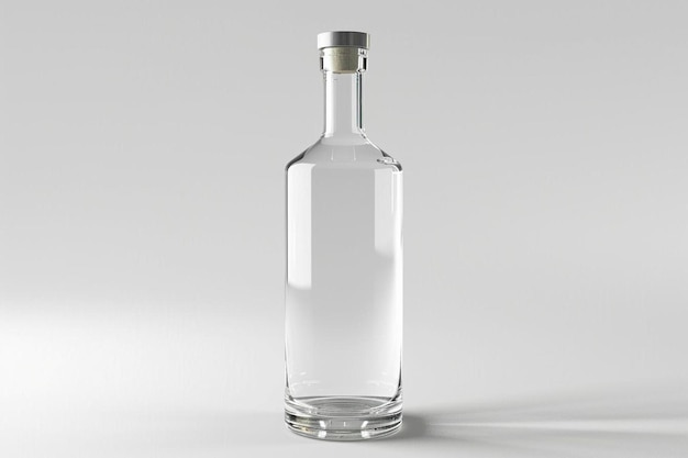 una botella de vidrio con tapa plateada sobre una superficie blanca