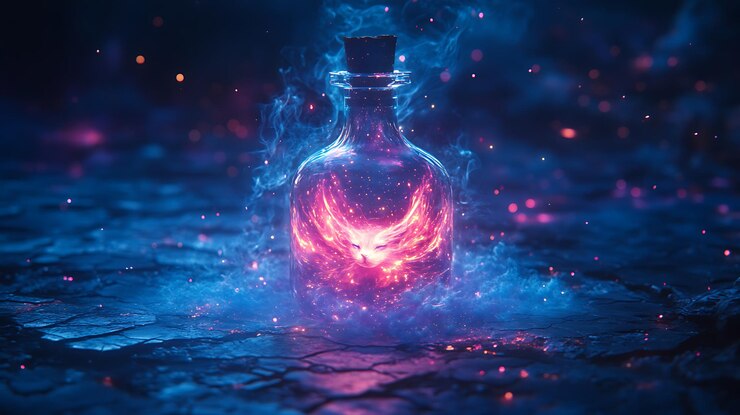Foto una botella de vidrio con un tapón de corcho que brilla con un símbolo de fénix ardiente en el interior en un fondo azul oscuro