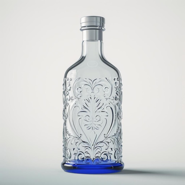 una botella de vidrio transparente con base azul