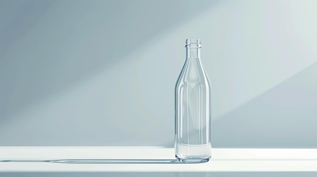 Botella de vidrio transparente colocada sobre una mesa blanca contra un fondo blanco