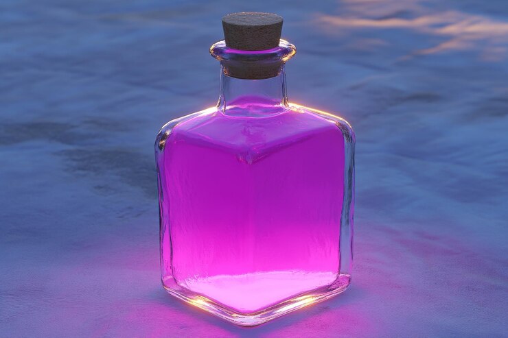Foto botella de vidrio transparente llena de líquido rosa neón colocada en un entorno al aire libre sereno bajo el anochecer