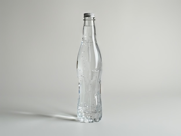 Una botella de vidrio transparente con una tapa de plata