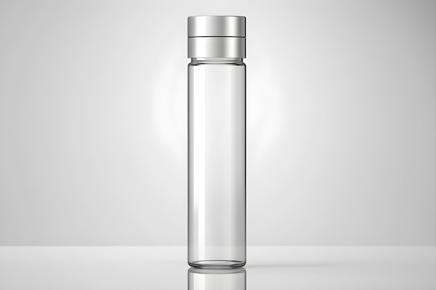Una botella de vidrio transparente con una tapa plateada en la parte superior.