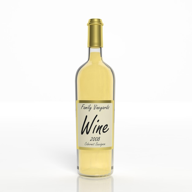 Botella de vidrio transparente de vino 3D aislada en blanco