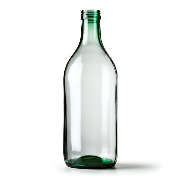 Botella de vidrio vacía aislada sobre un fondo blanco