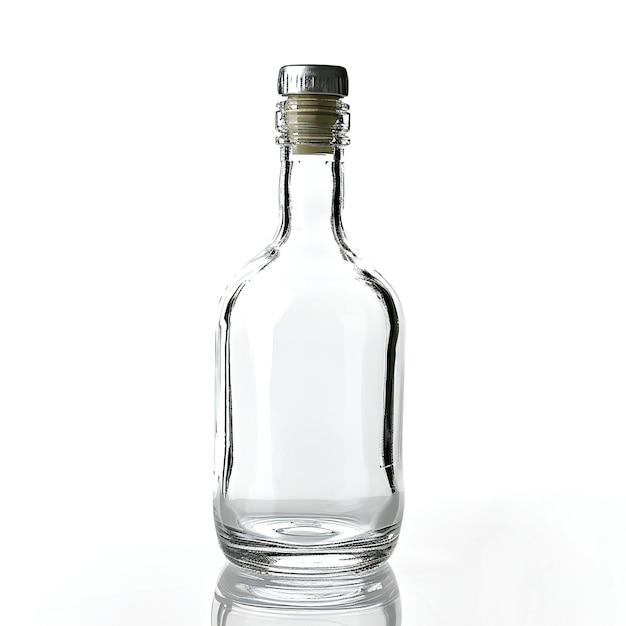 Botella de vidrio vacía aislada sobre un fondo blanco