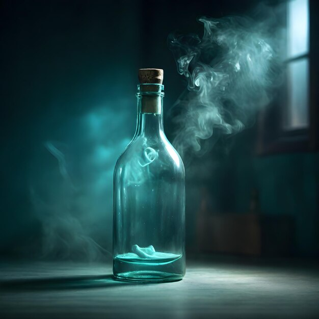 Foto una botella de vidrio vacía con humo en una habitación oscura junto a la ventana