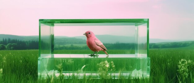 Foto una botella de vidrio verde con un pájaro posado sobre ella.