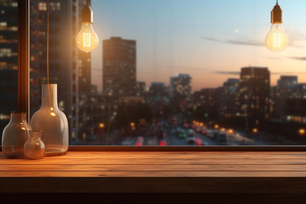 Botella de vidrio vintage con luces de guirnaldas en una mesa de madera frente a las luces borrosas de la ciudad por la noche