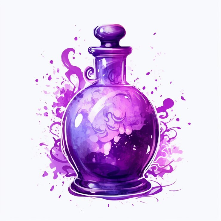 Foto botella de vidrio violeta con un diseño salpicado en la parte superior.