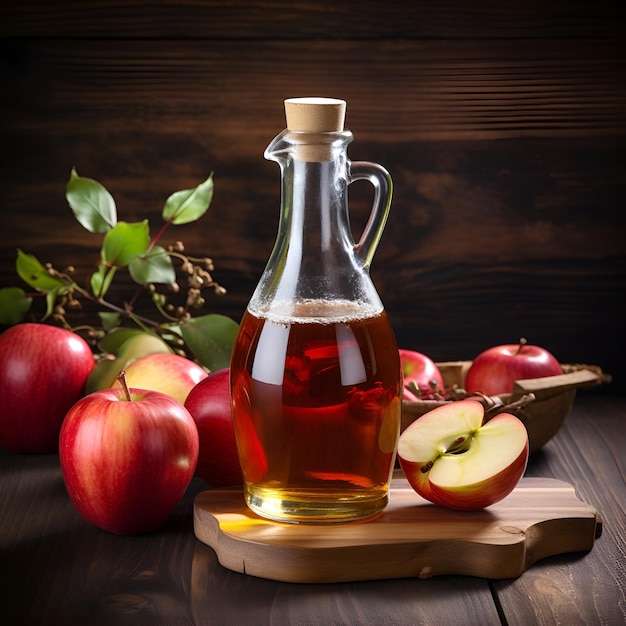 Botella de vinagre de sidra de manzana y manzanas frescas con fondo de madera Ai generativo