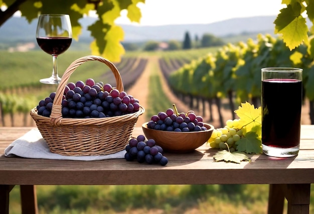 una botella de vino al lado de una canasta de uvas y un vaso de vino