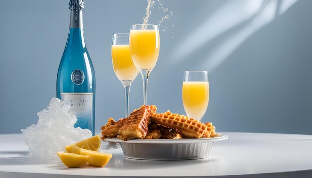 una botella de vino al lado de dos vasos de jugo de naranja y waffles