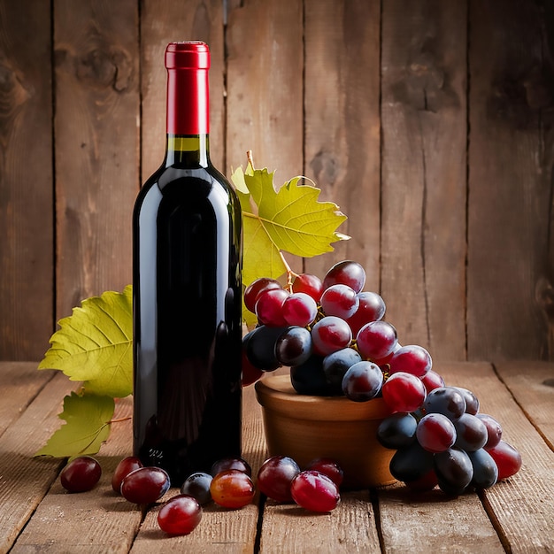 una botella de vino al lado de un tazón de uvas y un tazó de uvas