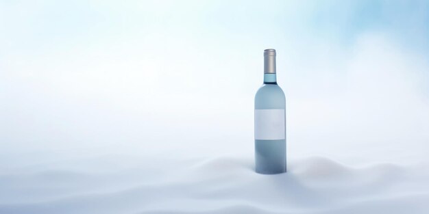 Botella de vino en una arena blanca del desierto Niebla blanca alrededor de un paisaje sereno IA generativa