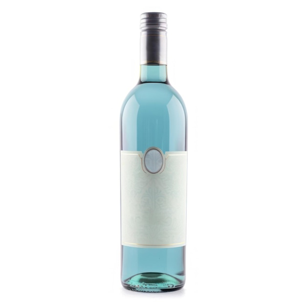 Una botella de vino azul con una etiqueta que dice "vino"