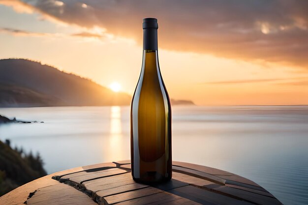 Una botella de vino en un barril con una puesta de sol al fondo