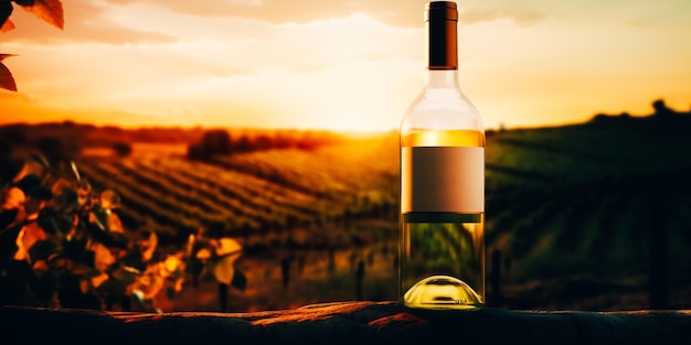 Una botella de vino blanco con un atardecer de fondo