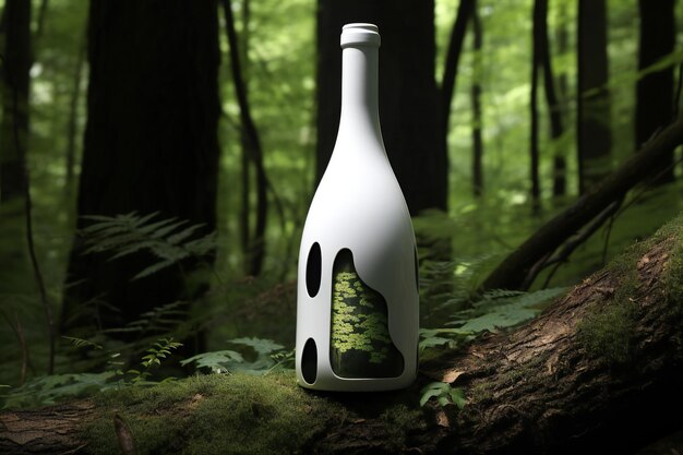 Foto botella de vino blanco en el bosque verde