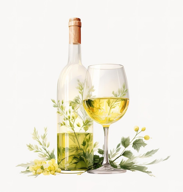 Botella de vino blanco y una copa sobre fondo blanco El concepto de vinificación y cata de vinos