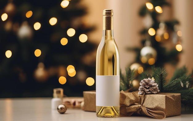 Botella de vino blanco envuelta con un lazo festivo Botella de viño blanco sobre el fondo del árbol de Navidad