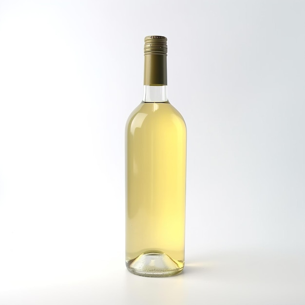 Botella de vino blanco en fondo blanco.