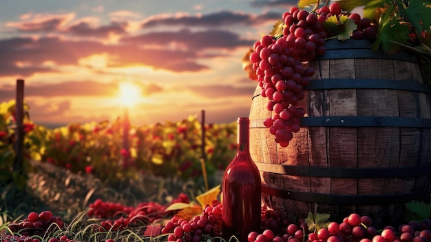 Botella de vino blanco junto a uvas de barrica de madera contra la puesta de sol del viñedo