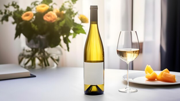 botella de vino blanco de lujo y vaso de vino blanco en una tela blanca con uvas